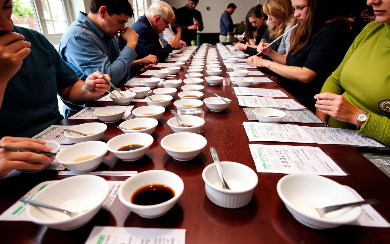 Coffee professionals cupping at a long table